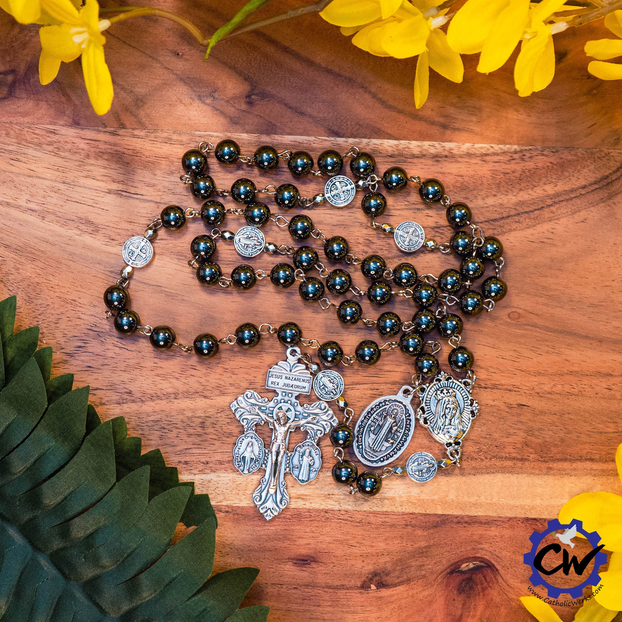 Virgin Mary hematite gemstone and stainless steel rosary beads with st –  Unique Rosary Beads