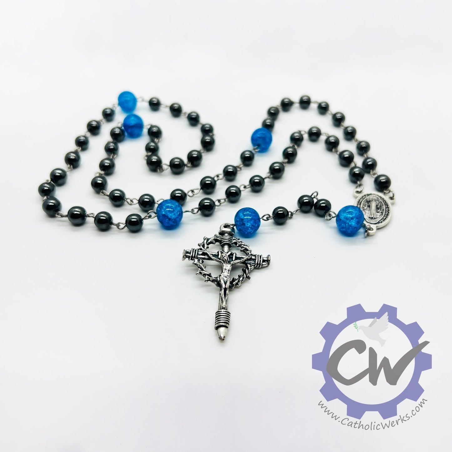 St. Benedict Hematite and Glass Rosary